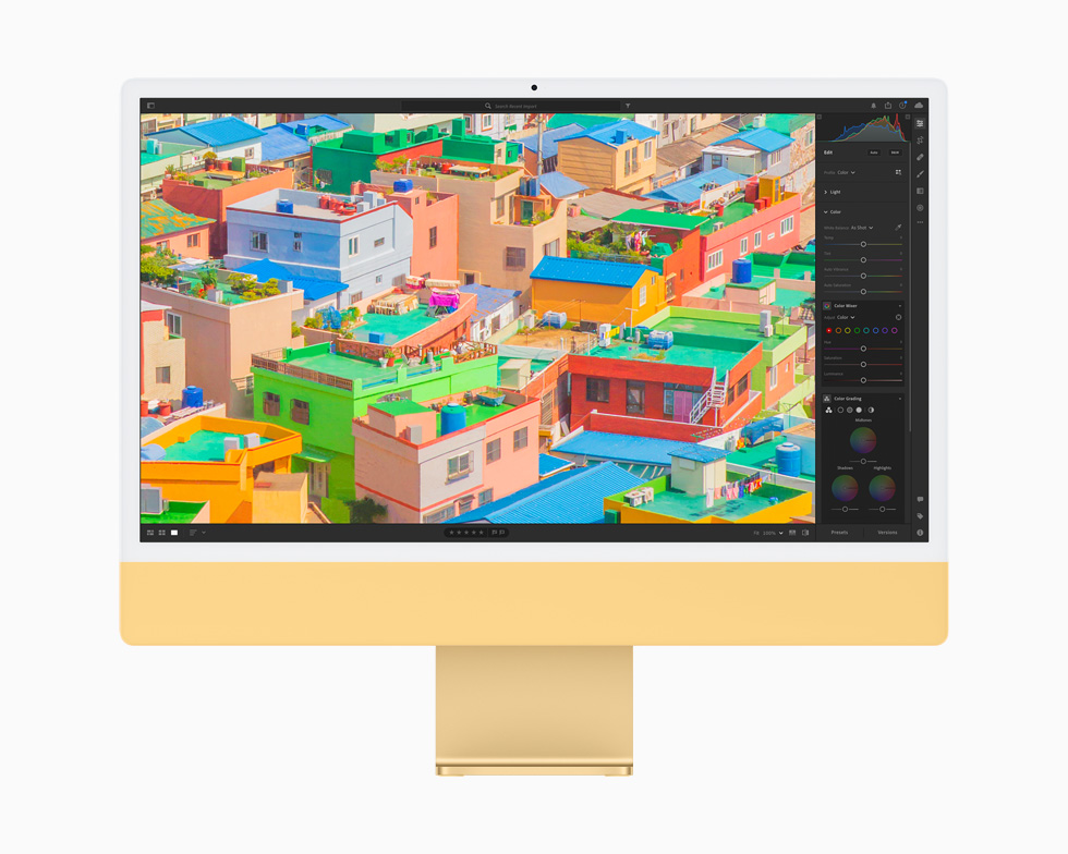 A photo is edited using the Photos app, displayed on a yellow iMac.