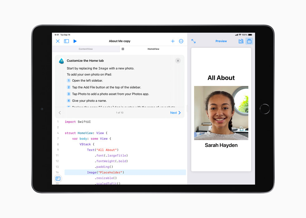 A learner’s All About Me project in Swift Playgrounds displayed on iPad. 