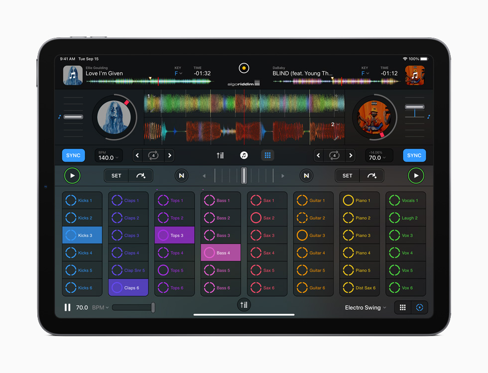 iPad Air showing djay Pro AI.