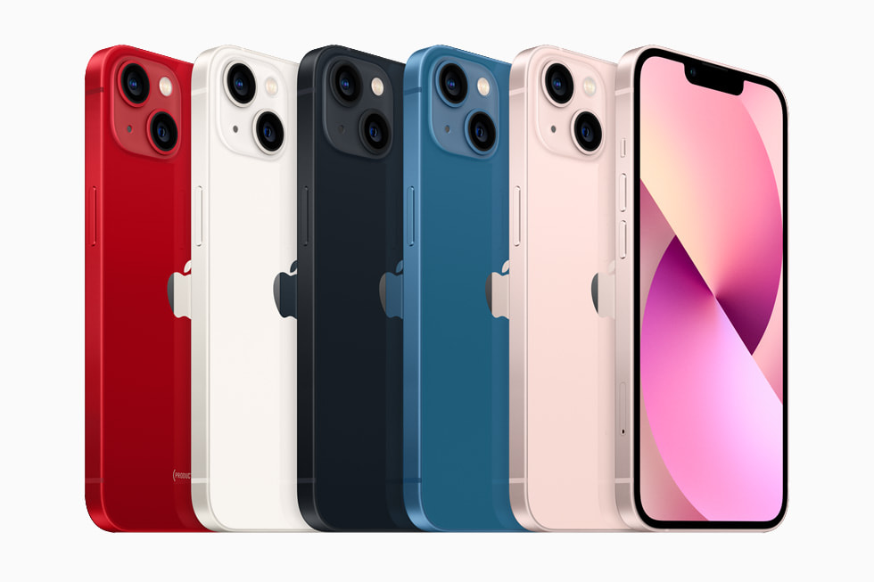 Die iPhone 13 Modelle in (PRODUCT)RED, Polarstern, Mitternacht, Blau und Rosé.