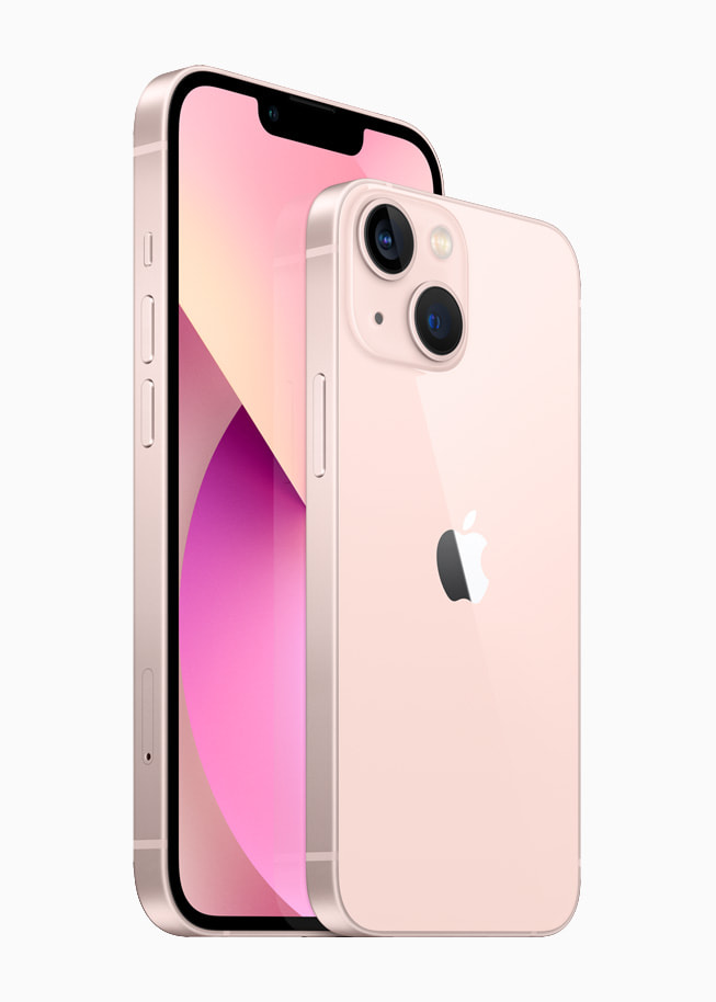 Vorder- und Rückseite von iPhone 13 und iPhone 13 mini in Rosé.