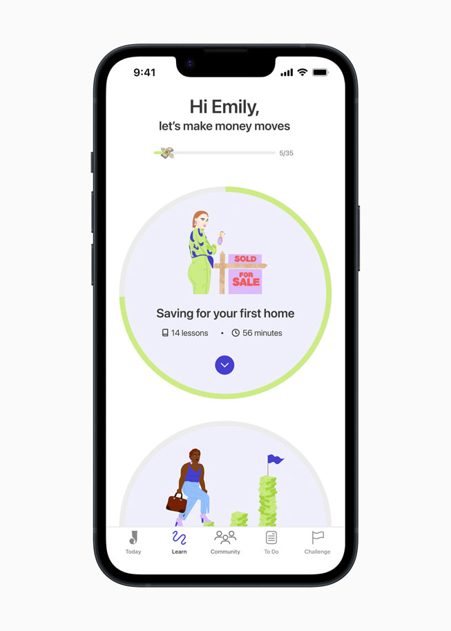 Learn tab with “Saving for your first home” on the Your Juno app on iPhone 14.