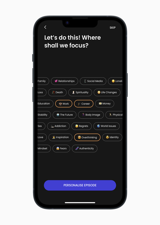 Focus personalisation on the SPOKE app on iPhone 14.