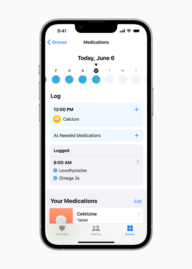 Medications is shown in the Health app.