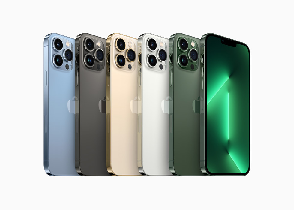 The iPhone 13 Pro in sierra blue, graphite, gold, silver, and the all-new alpine green.