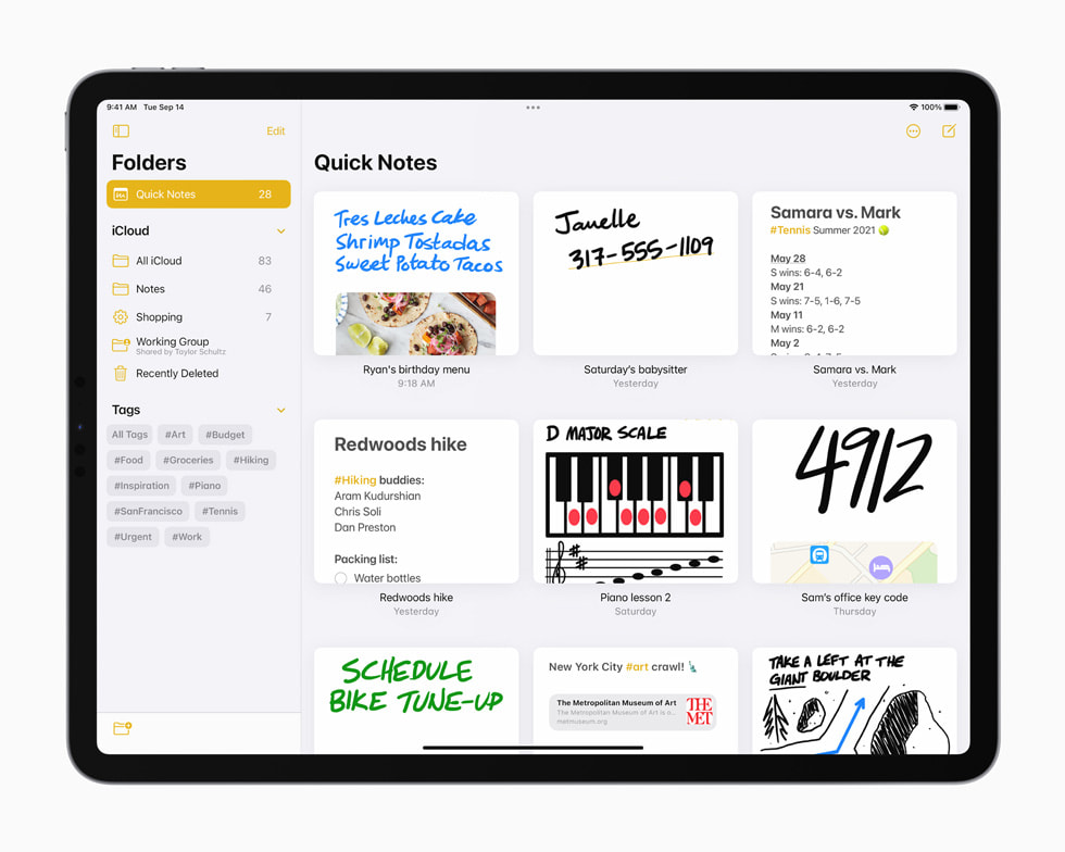 Organized Quick Notes in the Notes app on iPad Pro.