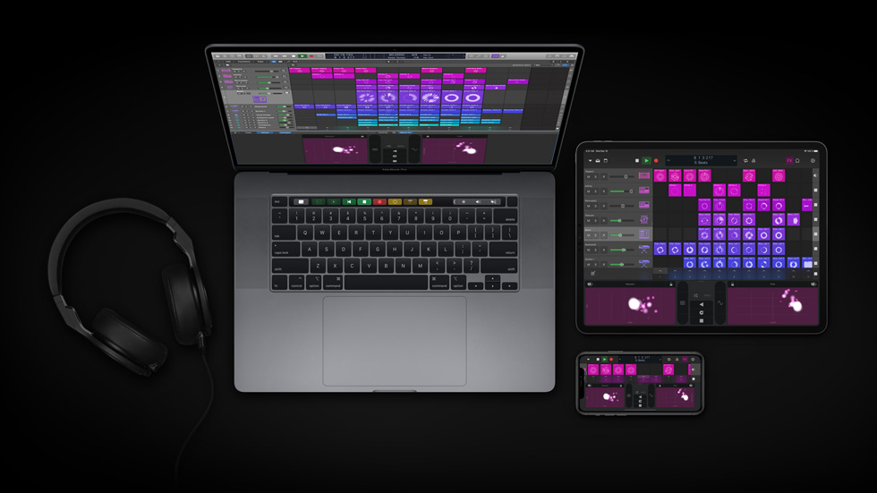 Logic Pro displayed on MacBook Pro, iPad Pro, and iPhone.