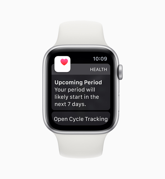 Health app on Apple Watch displaying Cycle Tracking app notification.
