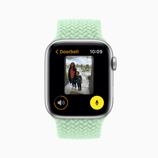 The HomeKit-enabled camera showing a visitor at the door, displayed on Apple Watch Series 6.