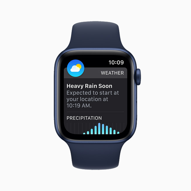 A Next Hour precipitation alert from the Weather app is displayed on Apple Watch Series 6.