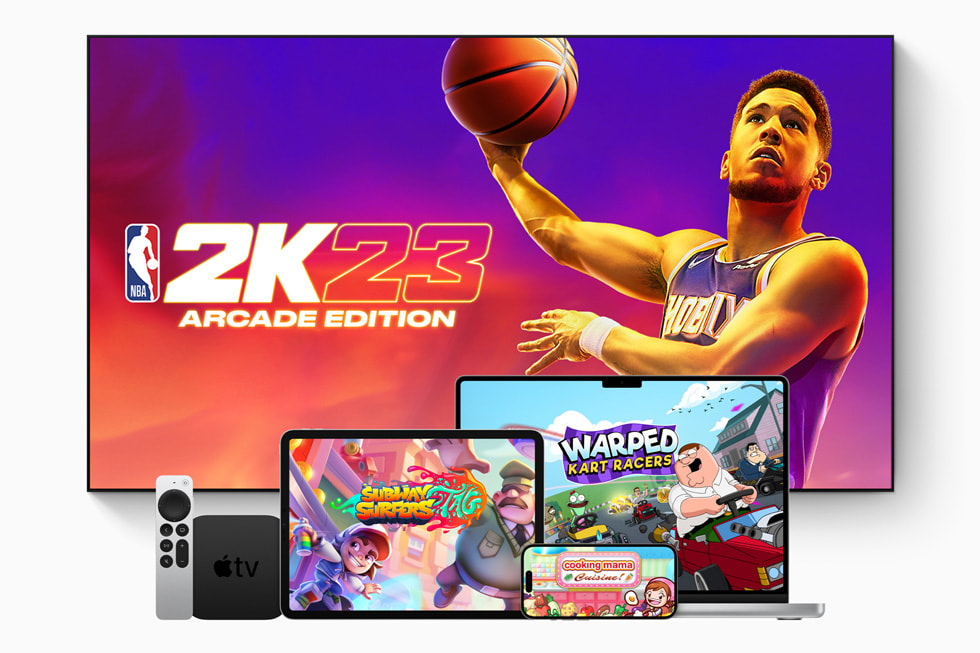 Popular Apple Arcade titles are shown on Apple devices.