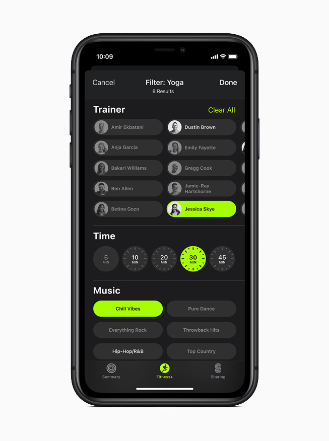 The Yoga workout filter in Apple Fitness+ displayed on iPhone 11 Pro.