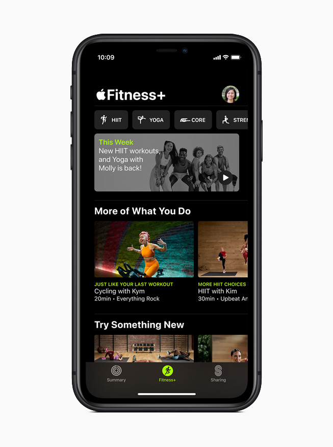 Apple Fitness+ home screen on iPhone 11 Pro.