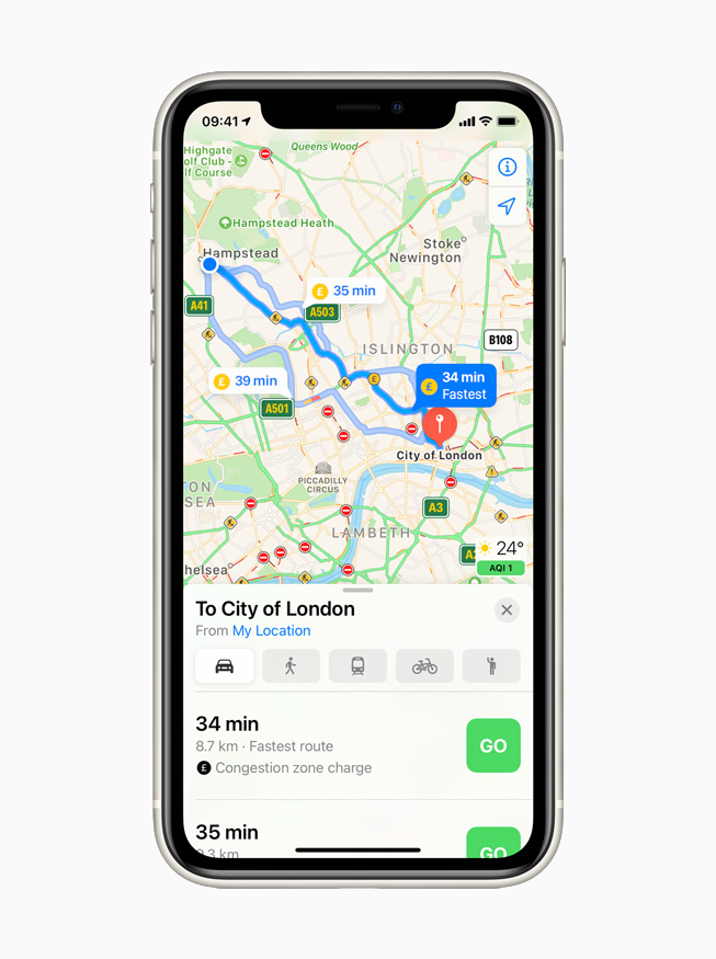Congestion zones displayed in Apple Maps on iPhone 11 Pro.