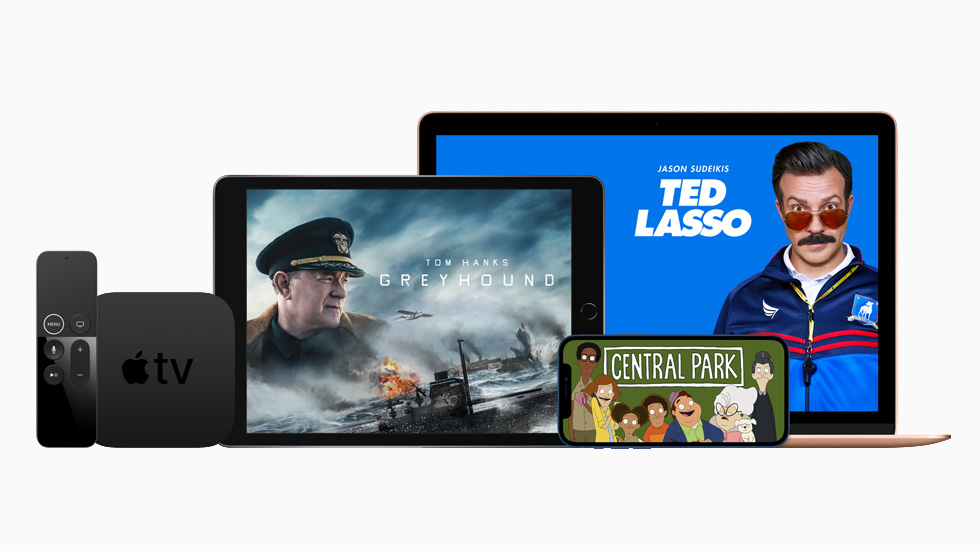 Apple TV+ on iPhone, iPad, Apple TV, and MacBook Pro.
