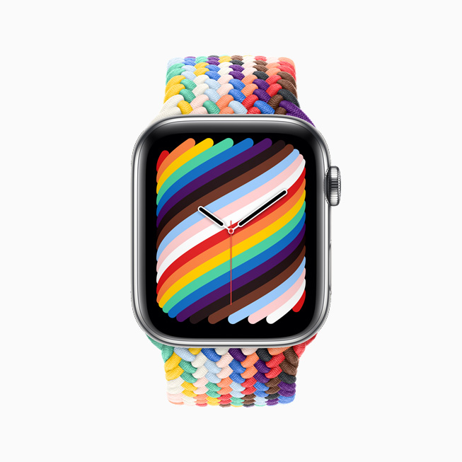 Front view of the Pride Edition Braided Solo Loop and face for Apple Watch.