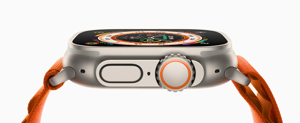 A profile view of Apple Watch Ultra highlights the larger Digital Crown as well as the side button.