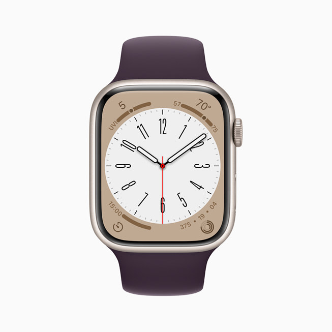Apple Watch Series 8 shows the Metropolitan watch face.
