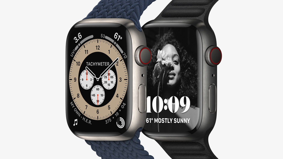 Apple Watch Series 7 is shown in titanium with the new Contour watch face.