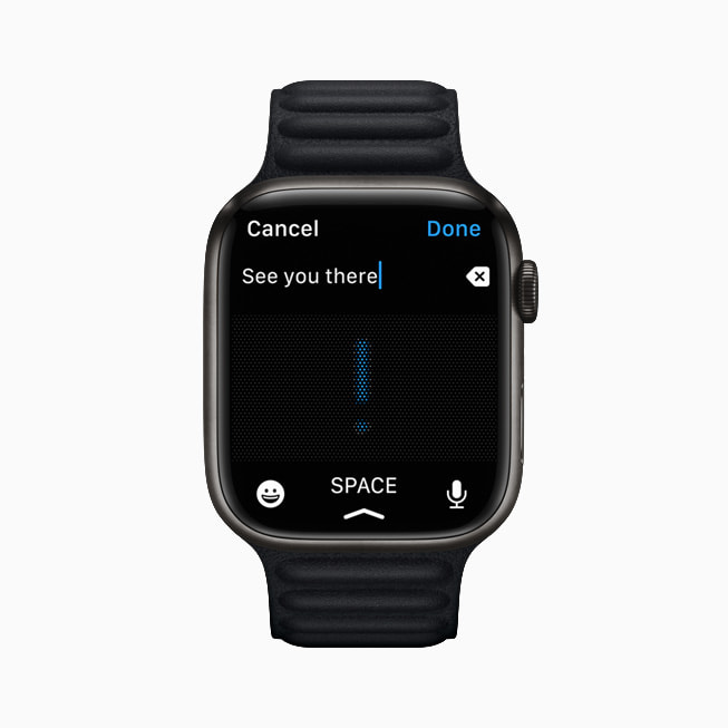 The Dictation function is shown in the Messages app on Apple Watch Series 7.