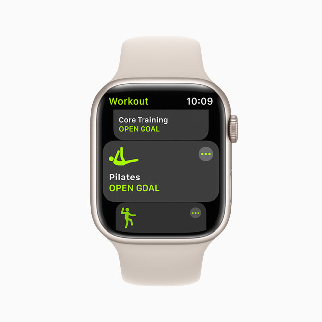 The Workout app’s Pilates workout type is shown on Apple Watch Series 7 in watchOS 8.