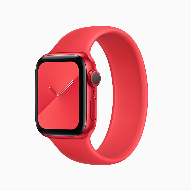 Apple Watch Series 6 (PRODUCT)RED with matching (PRODUCT)RED Braided Solo Loop band.