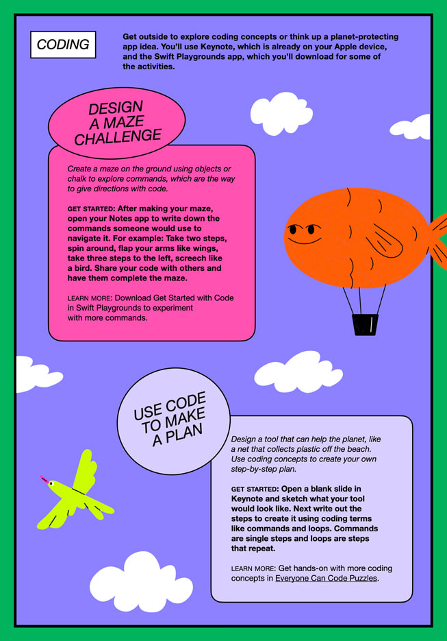 An illustrated graphic shows the coding page from the Apple Camp Field Guide, which has sections that read “design a maze challenge” and “use code to make a plan.”