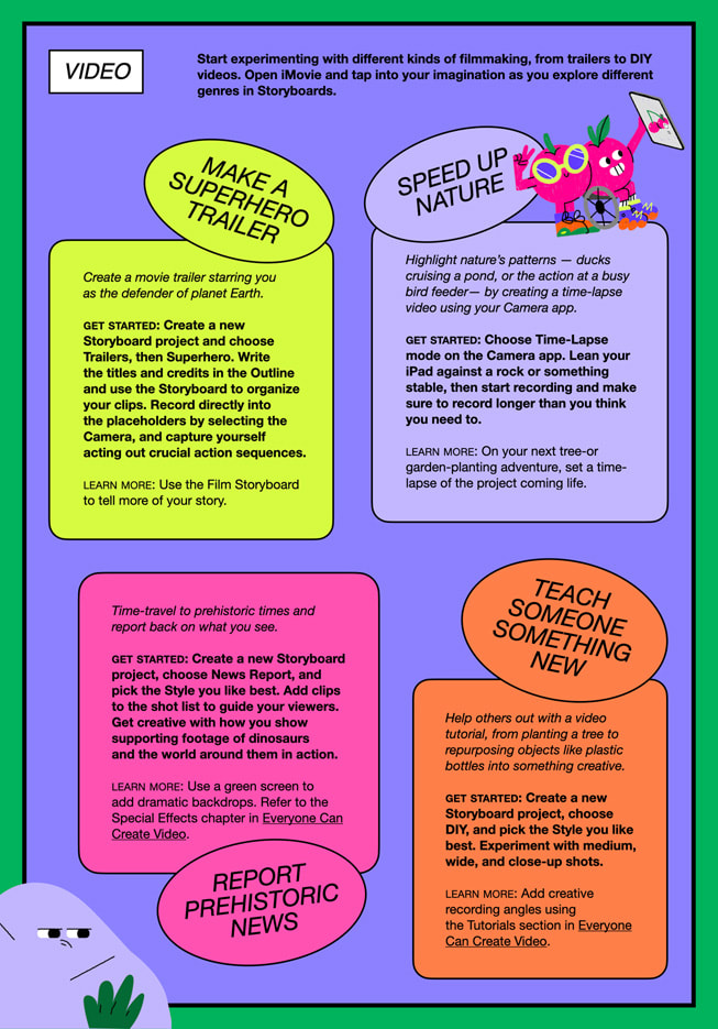 An illustrated graphic shows the video page from the Apple Camp Field Guide, which talks about making a superhero trailer, creating a time-lapse video of nature, reporting on prehistoric news, and teaching someone something new.