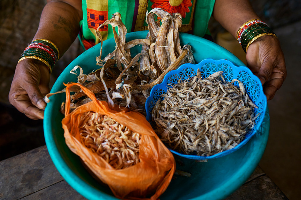 A fisherman in India’s Raigad district shows their catch on a tray.