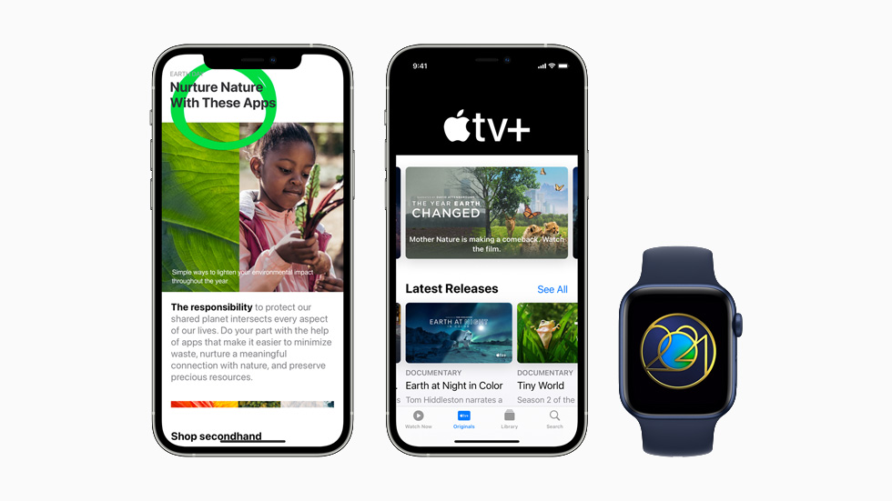 Apple’s Earth Day programming on the App Store, Apple TV+, and Apple Fitness+, displayed on two iPhone 12 Pro models and Apple Watch Series 6.
