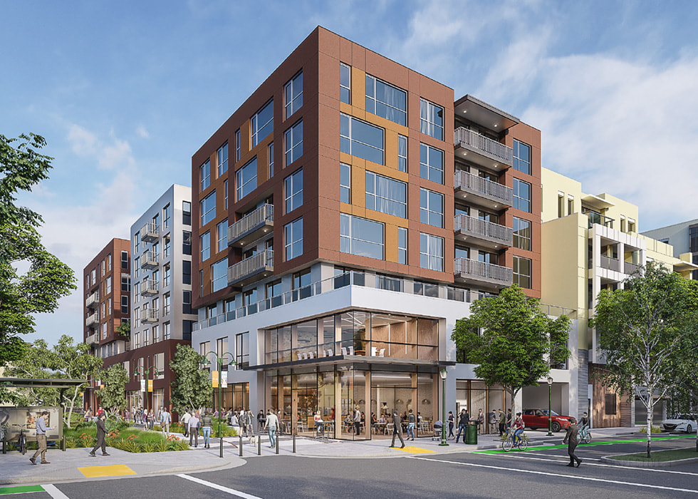 A rendering of the Pacific Station South complex in Santa Cruz, California, is shown.