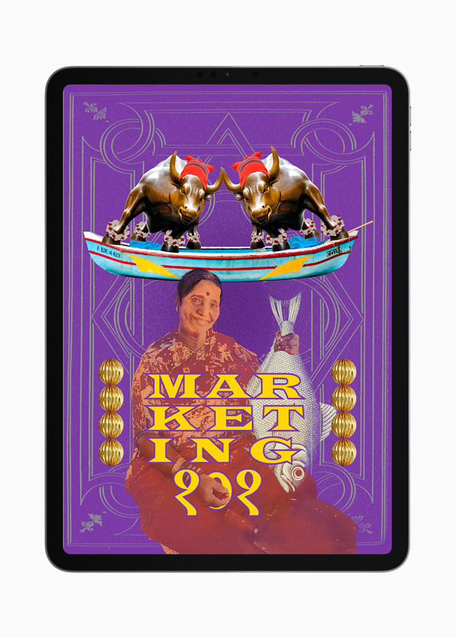 الرسم التوضيحي "Marketing १0१" (Marketing 101) معروض على iPad Pro.