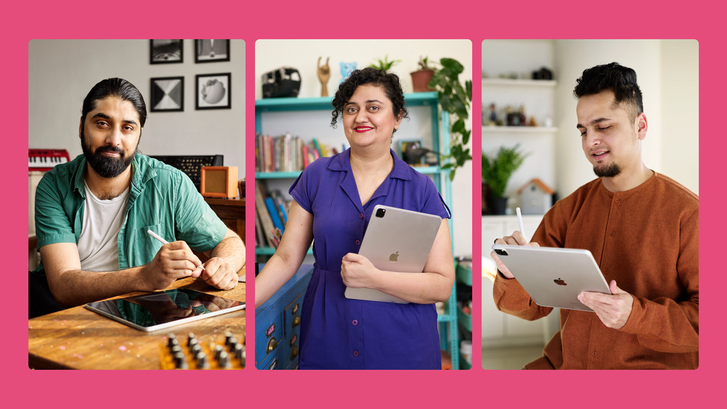 من اليسار إلى اليمين: الفنانون فارون ديساي وميرا فيليشا مالهوترا وجوراف أوغالي.