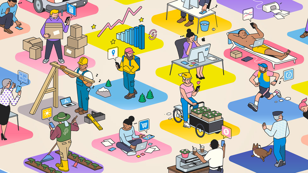 Un’illustrazione di diverse persone con le app che hanno progettato.