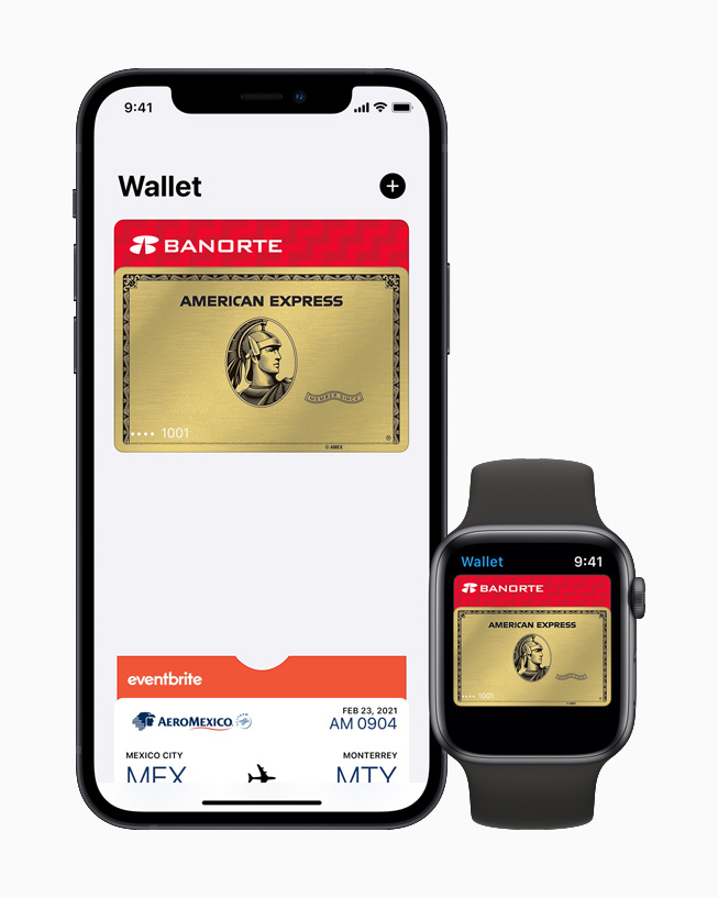 Apple Wallet en iPhone y Apple Watch.