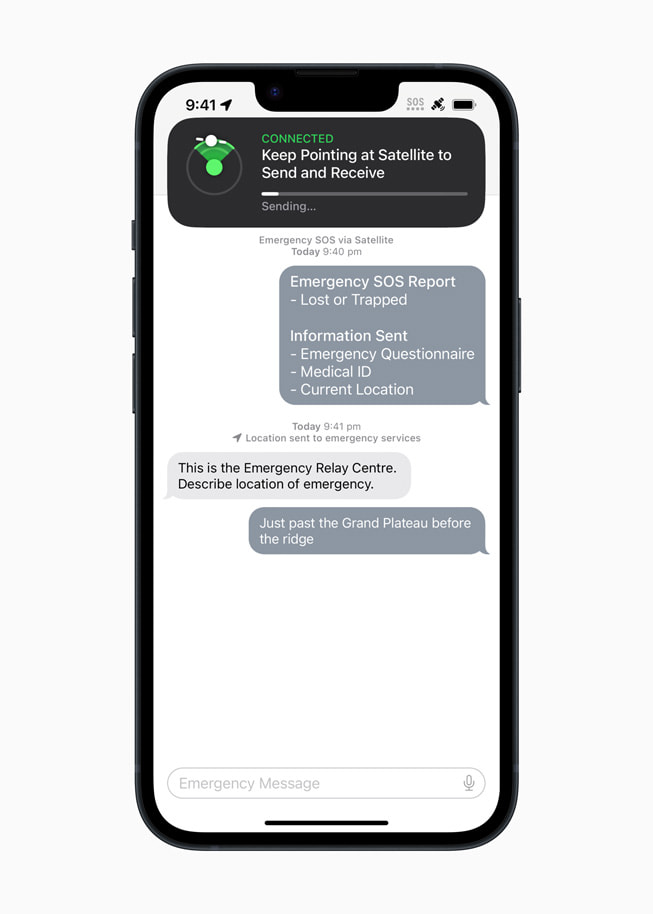 Emergency SOS via satellite on iPhone 14 Pro prompts the user to keep pointing at a satellite to send and receive messages. 