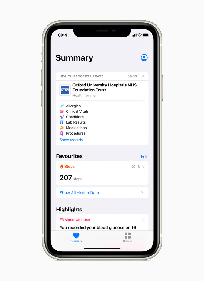 A Health Records update from Oxford University Hospitals is displayed on iPhone 11 Pro.