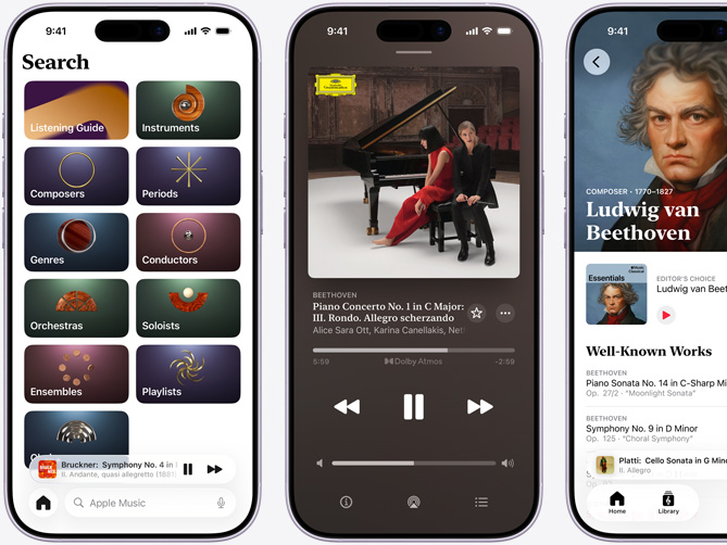 iPhone on left showing Apple Music Classical Browse tab with the Catalogue tab selected with Composers, Periods, Genres, Conductors, Orchestras, Soloists, Ensembles and Choirs categories; iPhone in middle showing Beethoven's Piano Concerto No. 1 in C Major, Op. 15: III. Rondo. Allegro scherzando playing in Dolby Atmos; iPhone on right showing Ludwig van Beethoven’s Composer page