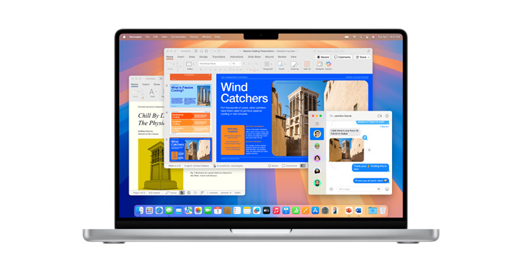 Demonstration of apps like Microsoft PowerPoint, Messages and Pages on MacBook Pro 14