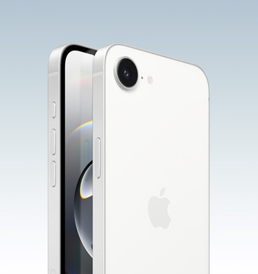 iPhone 16e in White finish, partial-screen display and side angle shows — Action, volume and side button. Back exterior shows 2 in 1 camera system in top left corner.