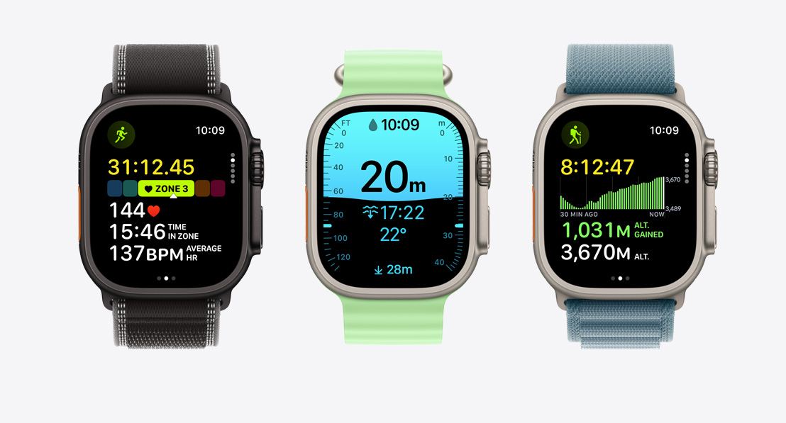 Apple Watch Ultra 3 devices, titanium cases, natural and black colours, Workout app screens: running, scuba, hiking, bands: Trail Loop, black/charcoal colour, Ocean Band, neon green colour, Alpine Loop, anchor blue colour