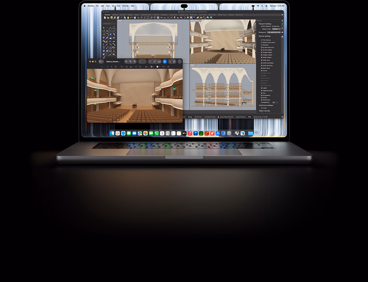 16-inch MacBook Pro with PROLED XDR Display, silver color, screen shows an object being modeled in Rhino