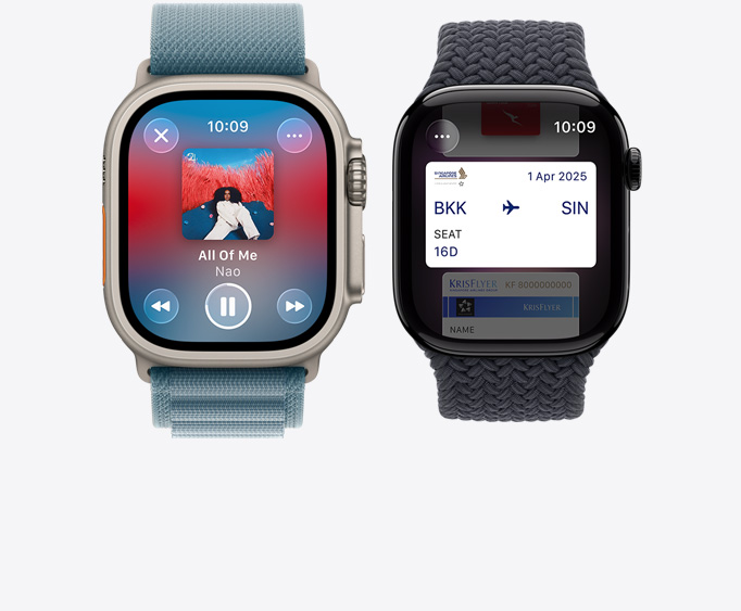 Apple Watch Ultra 3, titanium case, natural color, Apple Music app, now playing screen, Apple Watch Series 11,  aluminum case, polished jet black color, Apple Pay screen