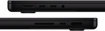 Prezentacja portów w MacBooku Pro. Z lewej strony: MagSafe, dwa porty Thunderbolt i gniazdo słuchawkowe. Z prawej strony: gniazdo na kartę SDXC, jeden port Thunderbolt i port HDMI