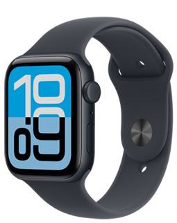 Apple Watch SE 3, carcasă din aluminiu, culoare Miezul nopții, cadran Flux, partea exterioară dreaptă, Digital Crown, microfon, buton lateral, curea Sport Miezul nopții