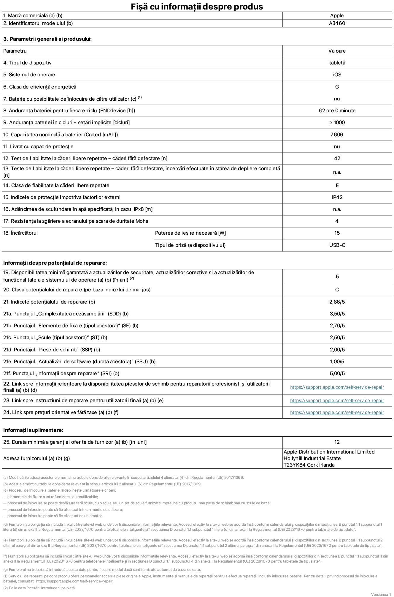 Fișă cu informații despre produs pentru iPad Air Wi-Fi + Cellular de 11 inchi, model A3460. Furnizată de Apple Distribution International Limited, Hollyhill Industrial Estate. Cork, Irlanda, T23 YK84. Tipul de dispozitiv: tabletă. Sistemul de operare: iOS. Clasa de eficiență energetică: G. Baterie cu posibilitate de înlocuire de către utilizator: nu. Anduranța bateriei pentru fiecare ciclu: 62 de ore. Anduranța bateriei în cicluri – setări implicite: mai mare sau egală cu 1000. Capacitatea nominală a bateriei: 7606 miliamperi-oră. Livrat cu capac de protecție: nu. Test de fiabilitate la căderi libere repetate – căderi fără defectare: mai mare sau egal cu 42. Test de fiabilitate la căderi libere repetate – căderi fără defectare, încercări efectuate în starea de depliere completă: nu se aplică. Clasa de fiabilitate la căderi libere repetate: E. Indicele de protecție împotriva factorilor externi: IP42. Adâncimea de scufundare în apă specificată, în cazul IPx8: nu se aplică. Rezistența la zgâriere a ecranului pe scara de duritate Mohs: 4. Puterea de ieșire necesară pentru încărcător: 15 wați. Tipul de priză pentru încărcător (a dispozitivului): USB-C. Disponibilitatea minimă garantată a actualizărilor de securitate, a actualizărilor corective și a actualizărilor de funcționalitate ale sistemului de operare: 5 ani. Clasa potențialului de reparare: C. Indicele potențialului de reparare: 2,86/5. Punctajul „Complexitatea dezasamblării” (SDD): 3,50/5. Punctajul „Elemente de fixare”: 2,70/5. Punctajul „Scule”: 2,50/5. Punctajul „Piese de schimb”: 2,00/5. Punctajul „Actualizări de software”: 1,00/5. Punctajul „Informații despre reparare”: 5,00/5. Link spre informații referitoare la disponibilitatea pieselor de schimb pentru reparatorii profesioniști și utilizatorii finali: https://support.apple.com/self-service-repair. Link spre instrucțiuni de reparare pentru utilizatorii finali: https://support.apple.com/self-service-repair. Link spre prețuri orientative fără taxe: https://support.apple.com/self-service-repair. Garanție generală oferită: 12 luni.