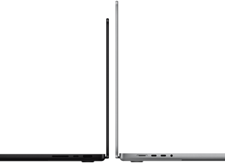 MacBook Pro de 14 inchi și 16 inchi, spate la spate, prezentând diferența de dimensiune și subliniind profilul îngust