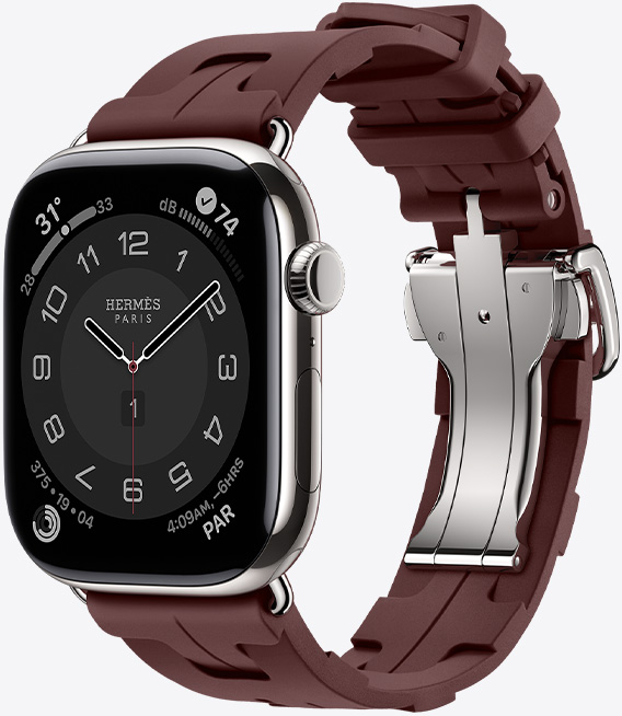 Apple Watch Hermès Series 11, titanium case, silver colour, Kilim strap, bordeaux colour, silver quick-release metal buckle