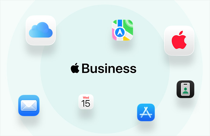 Apple Business, surrounded by app icons: iCloud, Maps, AppleCare, Mail, Calendar, App&nbsp;Store, Apple&nbsp;Business app