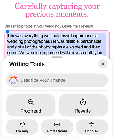 Writing Tools feature in use with options Proofread, Rewrite, Friendly, Professional and Concise
